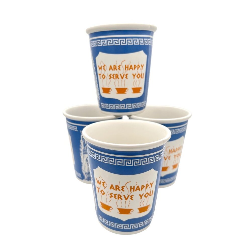 "We Are Happy To Serve You" Ceramic Coffee Cups (Set of 4) New York Greek Design